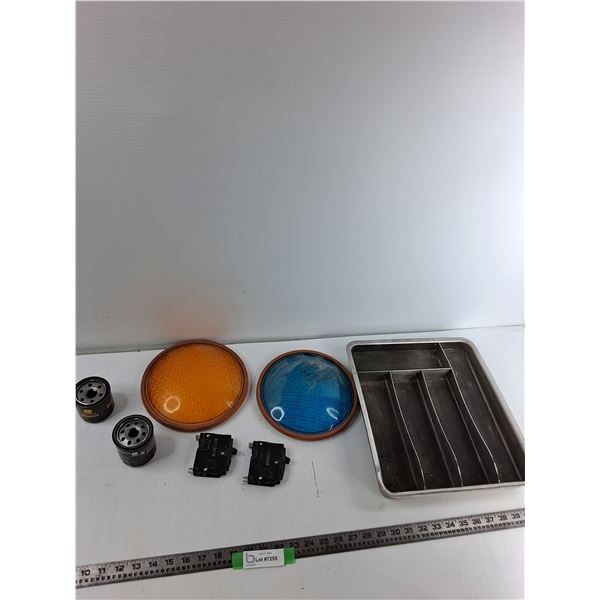 (2) John Deere Oil Filters, (2) Square D Circuits, Signal Light Covers, Metal Tray