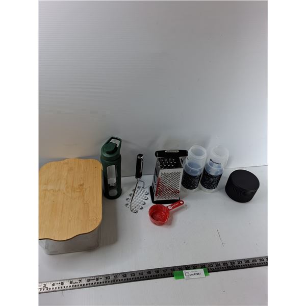 Assorted Items - Container , (3) Water Bottles , Potato Masher, Misc