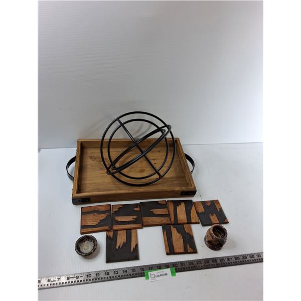 Wooden Tray, Art Piece, (2) Candle Holders, (7) Coasters