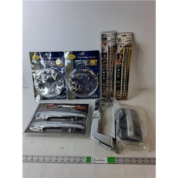 Vehicle Accessories- (2) Fuel Door Covers, (2) Flexi-lites- As Is, Door Handle Accents, Misc.
