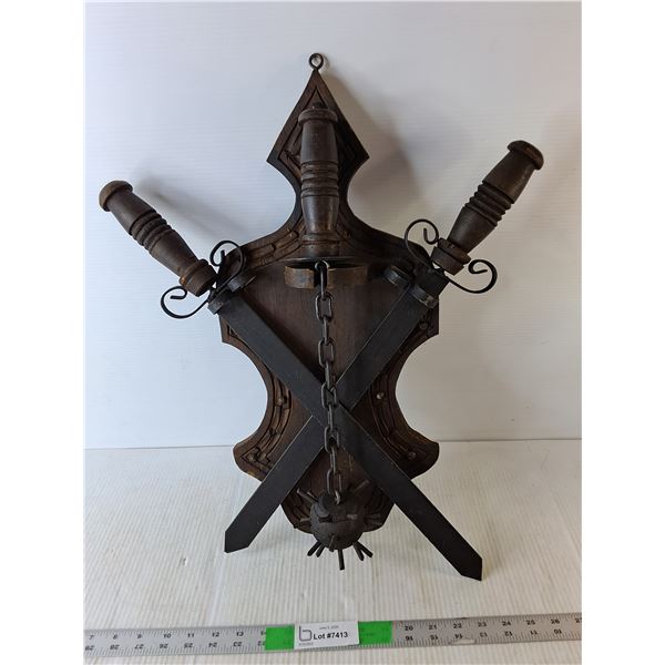 Replica Wooden Wall Display with Medieval Weapons 22" Tall  -  Pick Up