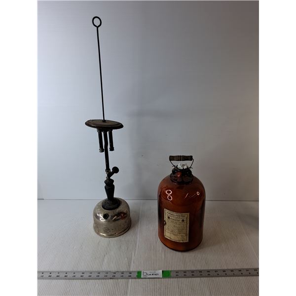 Glass Bottle of Formaldehyde & Coleman Kerosene Lamp 30" Tall, Cannot Ship