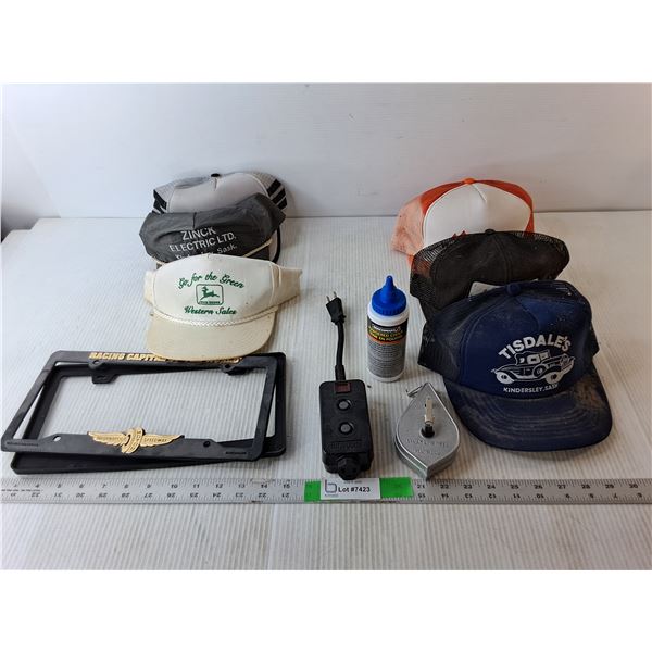 (6) Trucker Hats, Block Heater Timer- Powers On, Chalk Line Reel, Misc.