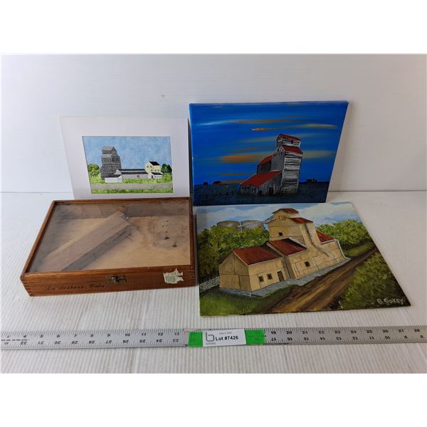 (3) Grain Elevator Paintings Up to 14" x 11", Wooden Cuba Box