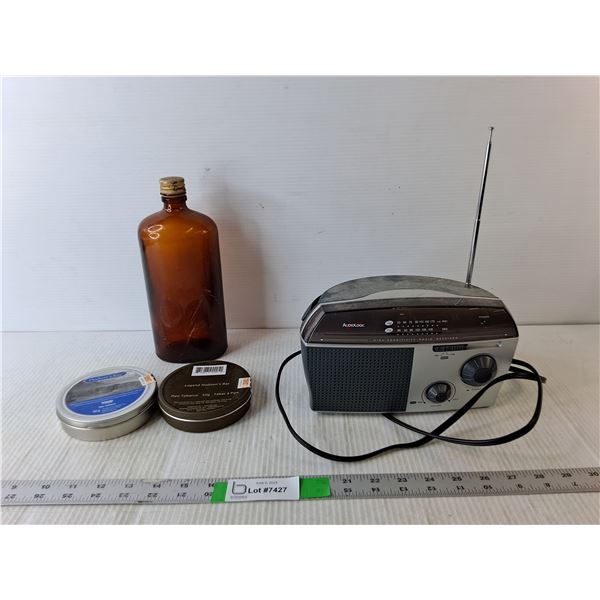 Hudson's Bay Glass Bottle & Tobacco Tins, AudioLogic Radio-Working