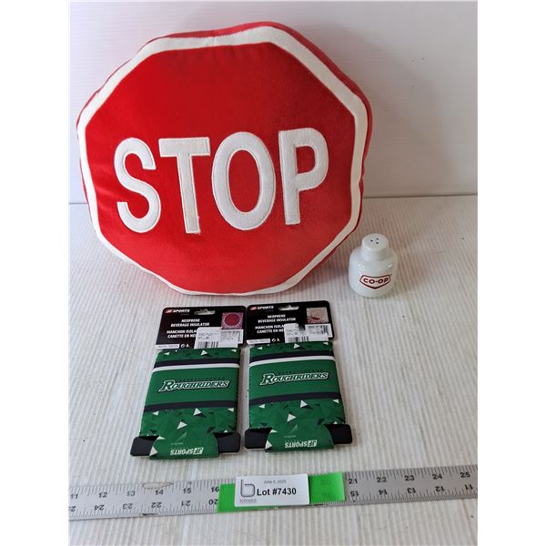 Stop Sign Pillow, Co-op Salt Shaker, (2) Roughriders Beverage Insulators