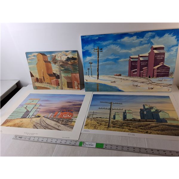 (4) Grain Elevator Paintings Up to 24" Wide x 17.5" Tall