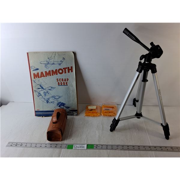 Scrapbook with Antique Newspaper Clippings, Tripod, Battery Mounts, Faux Leather Case