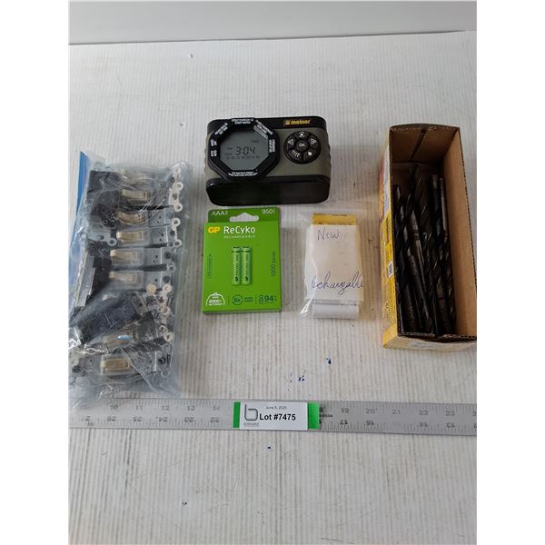 Clock, Drill Bits, Rechargeable Batteries (New) and Light Switches