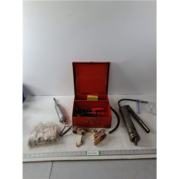 Metal Case with Misc. Tools, Grease Guns and New Ratchet Strap Ratchets