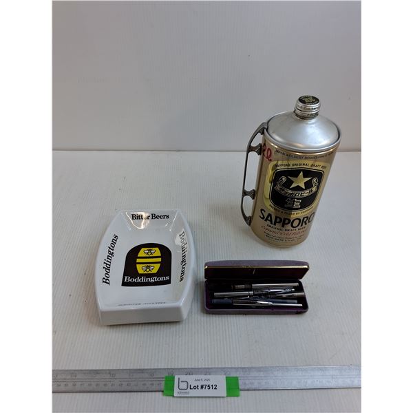 Bitters Beer Ashtray, Sapporo beer tin,Misc pens