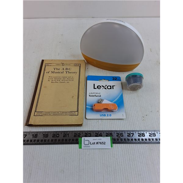 Vintage Music Theory Book, Lexar JumpDrive, Brookstone Alarm Clock - No Power Cord, Vishuddha Chakra