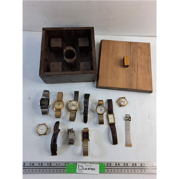Wooden Box and Various Watches - As Is