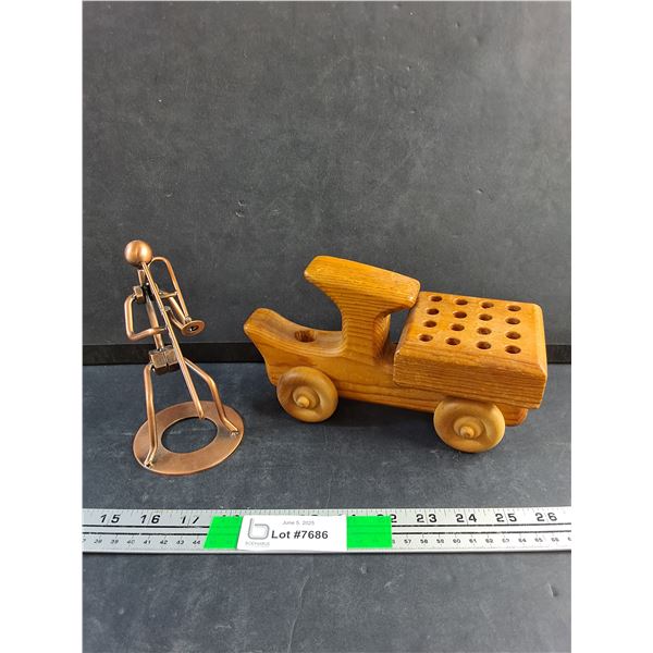 Wooden Toy Truck and Brass Musician Decor