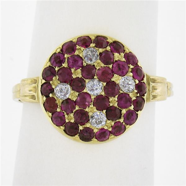 Antique 18K Yellow Gold 1.06 ctw Old Cut Pave Set Ruby & Diamond Platter Ring