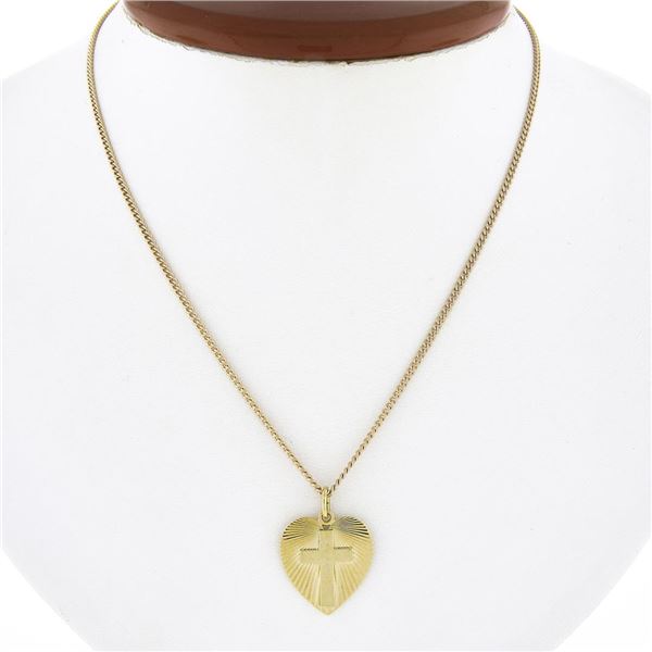 Vintage 14k Gold Polished Cross on Fluted Heart Pendant w/ 16.5 Curb Link Chain