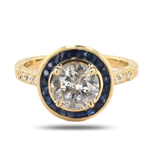 1.78 ctw K COLOR I1 CLARITY Diamond and 0.92 ctw Blue Sapphire 14K Yellow Gold R