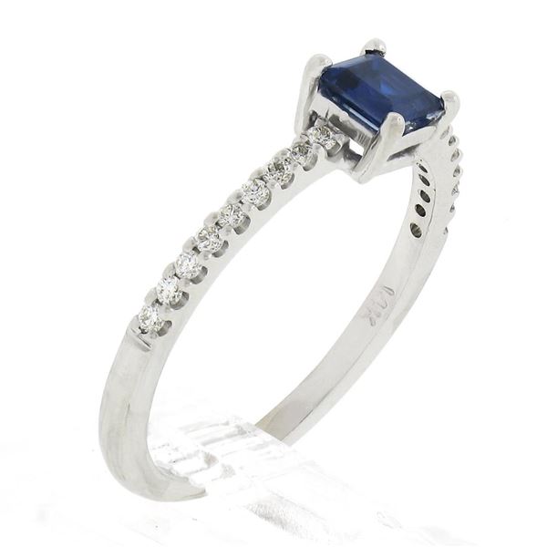 NEW 14K White Gold 0.63 ctw Square Step Cut Sapphire Solitaire & Diamond Ring