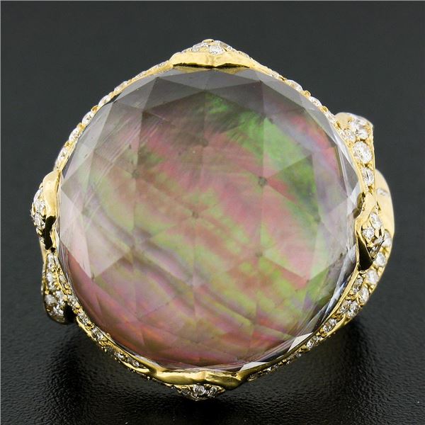 18k Gold Faceted Rock Crystal Black Mother of Pearl Ring w/ 1.20 ctw Diamonds