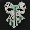 Image 2 : Antique Art Deco Platinum Old Cut Diamond & Emerald Large Ribbon Bow Pin Brooch