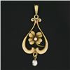 Image 2 : Art Nouveau 14k Gold Seed & Baroque Pearl Dangle 4 Leaf Clover Lavalier Pendant