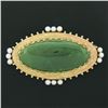 Image 3 : Vintage 14k Gold Large Oval Cabochon Jade Pearl Twisted Wire Halo Brooch Pendant