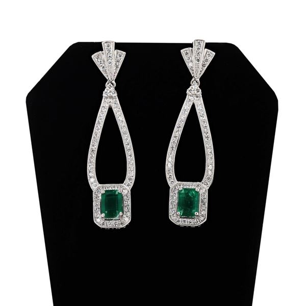 2.23 ctw Emerald and 1.45 ctw Diamond Platinum Dangle Earrings