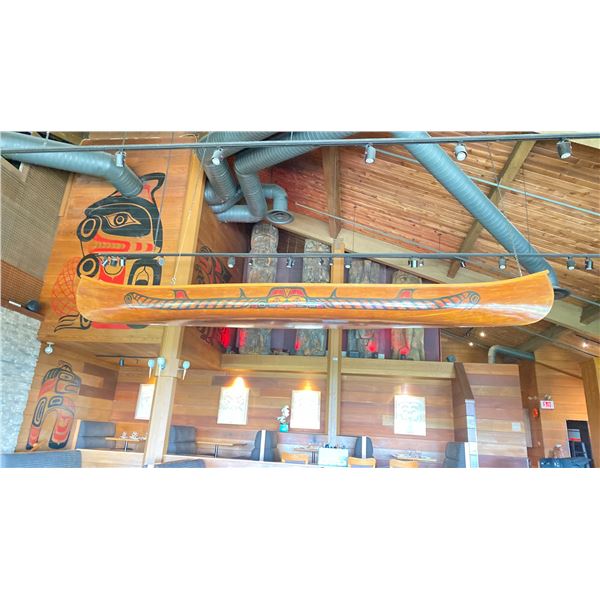 WEST COAST FIRST NATIONS RIBBED CEDAR CANOE WITH ART MOTIF APPROX 16 FT LONG