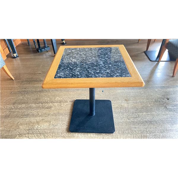 OAK AND POLISHED GRANITE TABLE  TOP ON BLACK METAL PEDESTAL APPROX 29"H X 28"L X28" W