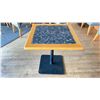 Image 2 : OAK AND POLISHED GRANITE TABLE  TOP ON BLACK METAL PEDESTAL APPROX 29"H X 28"L X28" W