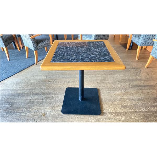 OAK AND POLISHED GRANITE TABLE  TOP ON BLACK METAL PEDESTAL APPROX 29"H X 28"L X28" W