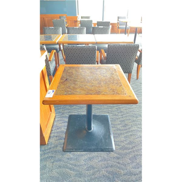 OAK AND POLISHED GRANITE TABLE  TOP ON BLACK METAL PEDESTAL APPROX 29"H X 28"L X28" W