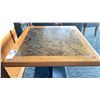 Image 2 : OAK AND POLISHED GRANITE TABLE  TOP ON BLACK METAL PEDESTAL APPROX 29"H X 28"L X28" W