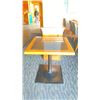 Image 3 : OAK AND POLISHED GRANITE TABLE  TOP ON BLACK METAL PEDESTAL APPROX 29"H X 28"L X28" W