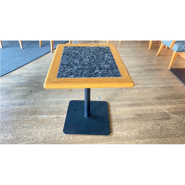 OAK AND POLISHED GRANITE TABLE  TOP ON BLACK METAL PEDESTAL APPROX 29"H X 28"L X24" W