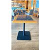 Image 2 : OAK AND POLISHED GRANITE TABLE  TOP ON BLACK METAL PEDESTAL APPROX 29"H X 28"L X24" W