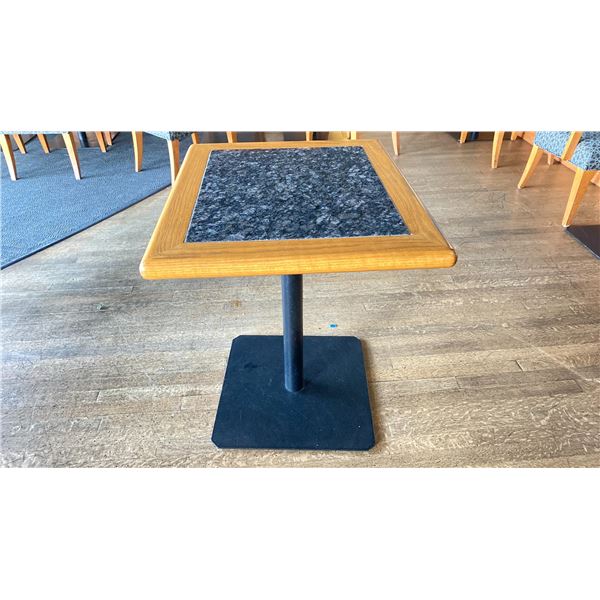 OAK AND POLISHED GRANITE TABLE  TOP ON BLACK METAL PEDESTAL APPROX 29"H X 28"L X24" W