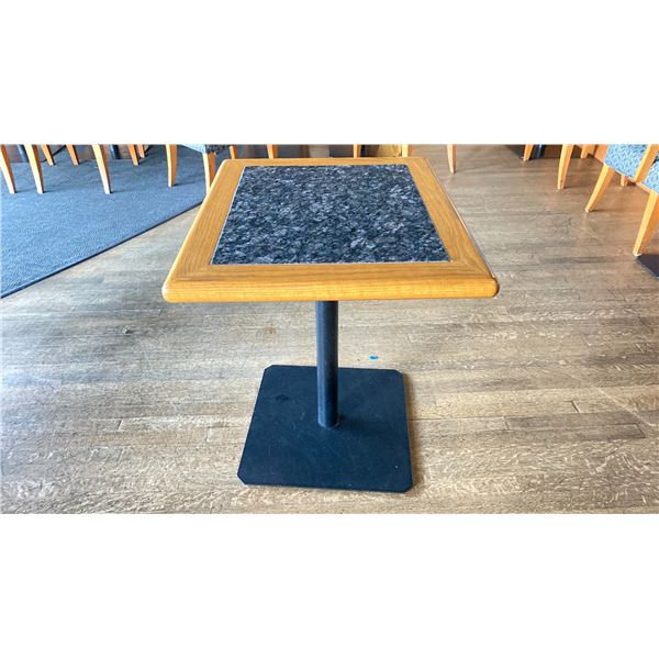 OAK AND POLISHED GRANITE TABLE  TOP ON BLACK METAL PEDESTAL APPROX 29"H X 28"L X24" W