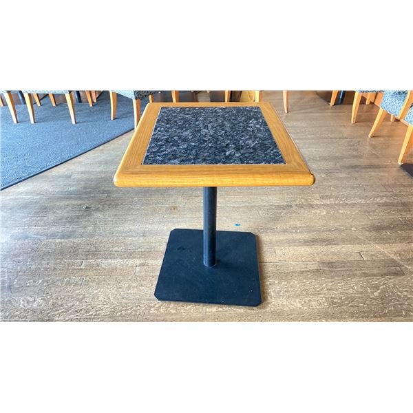 OAK AND POLISHED GRANITE TABLE  TOP ON BLACK METAL PEDESTAL APPROX 29"H X 28"L X24" W