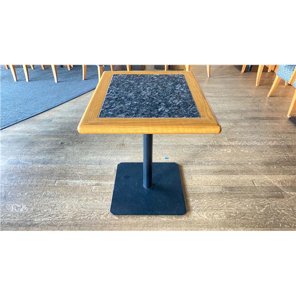 OAK AND POLISHED GRANITE TABLE  TOP ON BLACK METAL PEDESTAL APPROX 29"H X 28"L X24" W