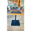 Image 2 : OAK AND POLISHED GRANITE TABLE  TOP ON BLACK METAL PEDESTAL APPROX 29"H X 28"L X24" W