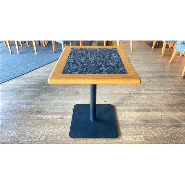 OAK AND POLISHED GRANITE TABLE  TOP ON BLACK METAL PEDESTAL APPROX 29"H X 28"L X24" W