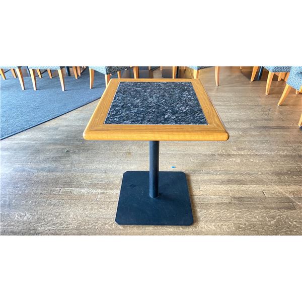 OAK AND POLISHED GRANITE TABLE  TOP ON BLACK METAL PEDESTAL APPROX 29"H X 28"L X24" W