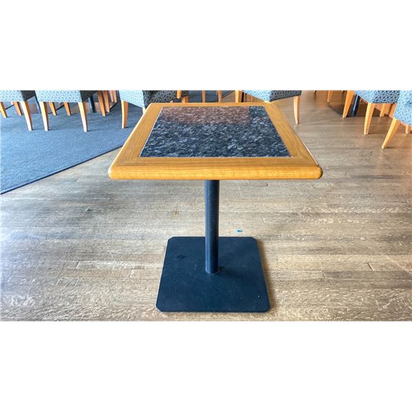 OAK AND POLISHED GRANITE TABLE  TOP ON BLACK METAL PEDESTAL APPROX 29"H X 28"L X24" W