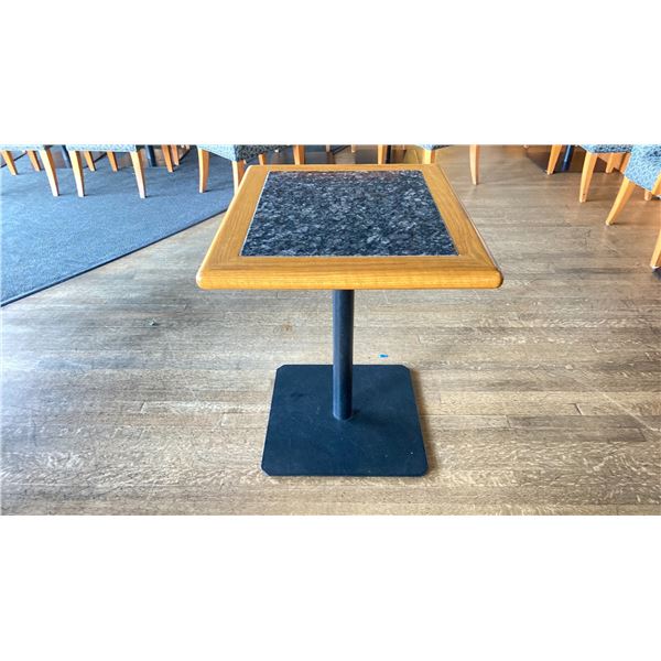 OAK AND POLISHED GRANITE TABLE  TOP ON BLACK METAL PEDESTAL APPROX 29"H X 28"L X24" W