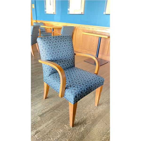 OAK AND UPHOLSTERED FABRIC CUSHIONED ARM CHAIR