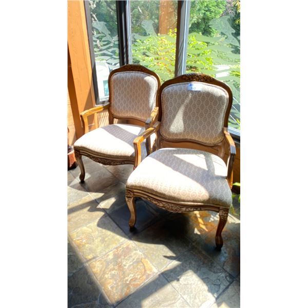 SET OF 2 HIGH END FABRIC WOOD CARVED ARMCHAIRS