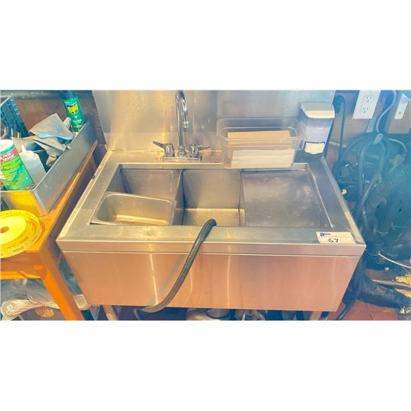 STAINLESS STEEL BAR SINK AND TUB WITH HOT COLD FAUCET AND DRAIN APPROX 36" L X 22" W X 40" H