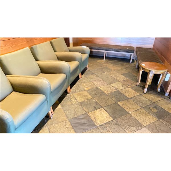 GROUP OF WAITING ROOM FURNITURE INCLUDES: SM WOOD TABLE, TWO CUSHION FABRIC, BENCHES