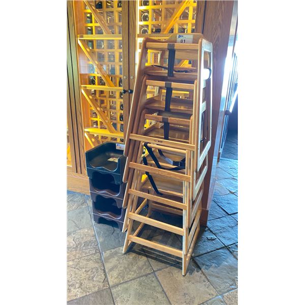 GROUP OF 5  CHILDRENS WOODEN   HIGH CHAIRS, 3 CHILDREN PLASTIC BOOSTER SEATS